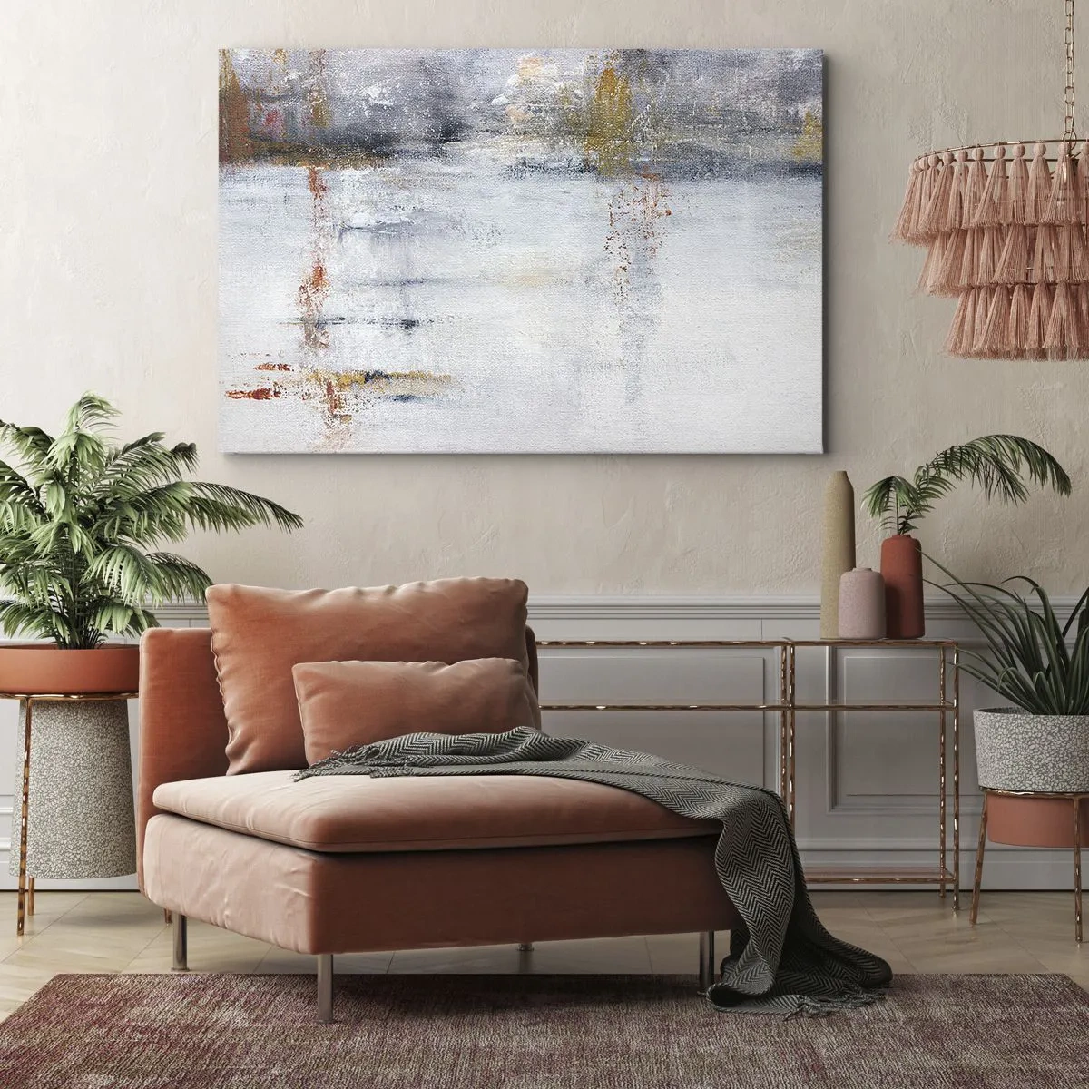 Tablou pe pânză Canvas - Un peisaj abstract cu accente estompate de gri și auriu. - 70x50cm - În spatele cortinei de aer - Decorațiune modernă pentru perete pentru living și dormitor ARTTOR