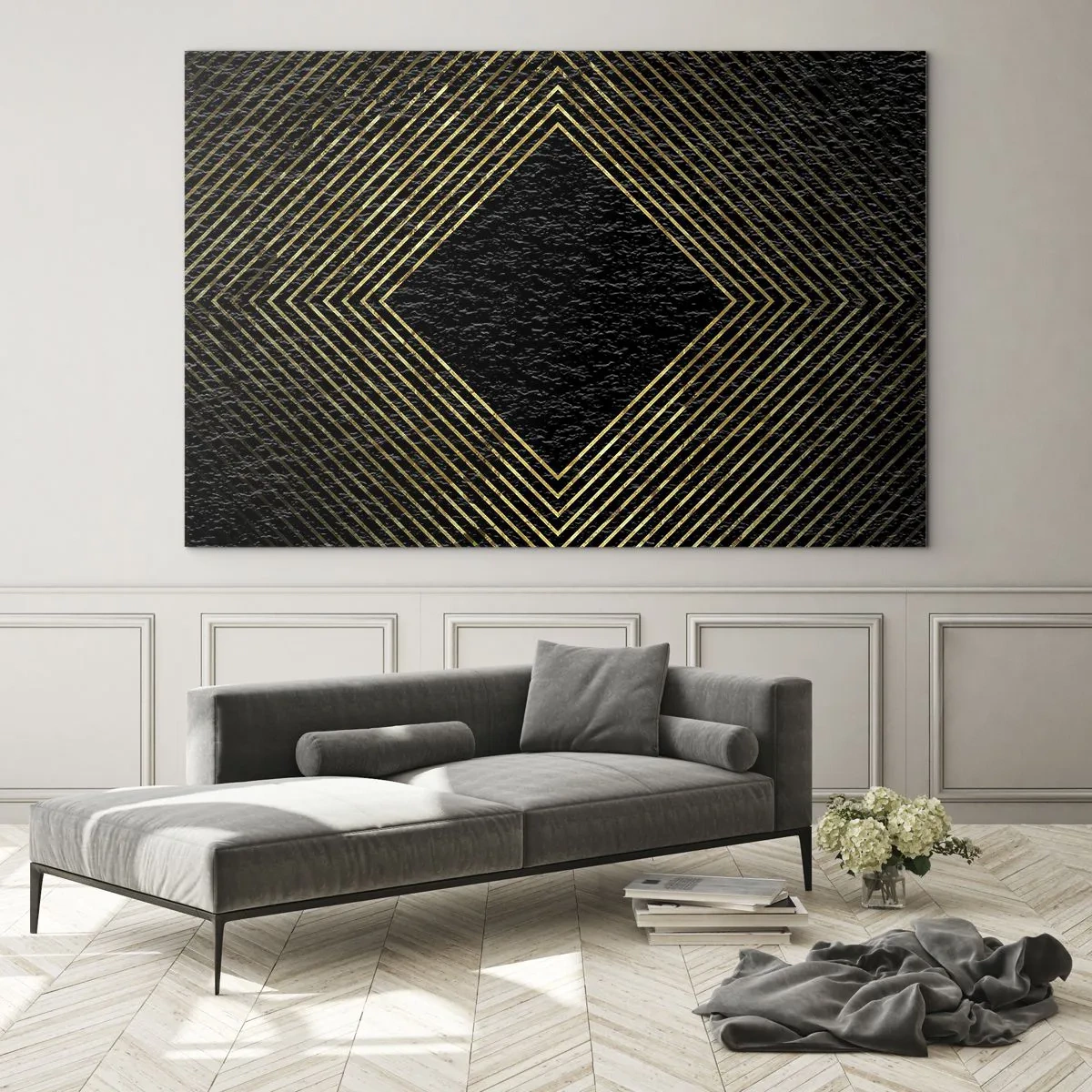 Tablou pe sticlă - Diamant de aur cu linii geometrice pe fundal negru - 70x50cm - Geometrie în stil glamour - Decorațiune modernă pentru perete pentru living și dormitor ARTTOR