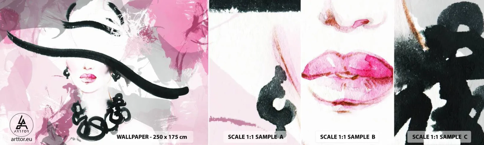 Mostră de Tapet Standard Eco - Studiu unei dame în negru și roz - Femeie, Chipul de femeie, Abstracția - 100x30 cm