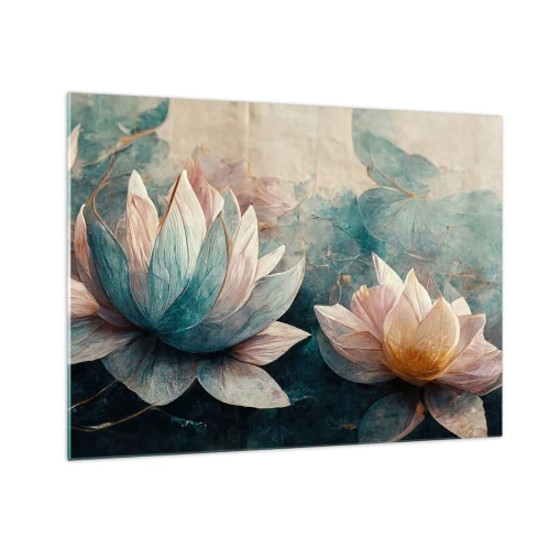 Tablou pe sticlă - Reprezentare artistică a florilor de lotus pe un fundal de frunze de apă. - 70x50cm - Stele de lac - Decorațiune modernă pentru perete pentru living și dormitor ARTTOR