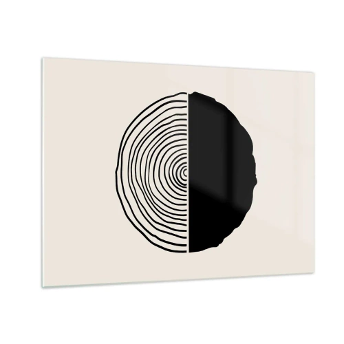 Tablou pe sticlă - O grafică minimalistă a unei secțiuni transversale a unui trunchi de copac în două jumătăți. - 70x50cm - Jumi-juma - Decorațiune modernă pentru perete pentru living și dormitor ARTTOR