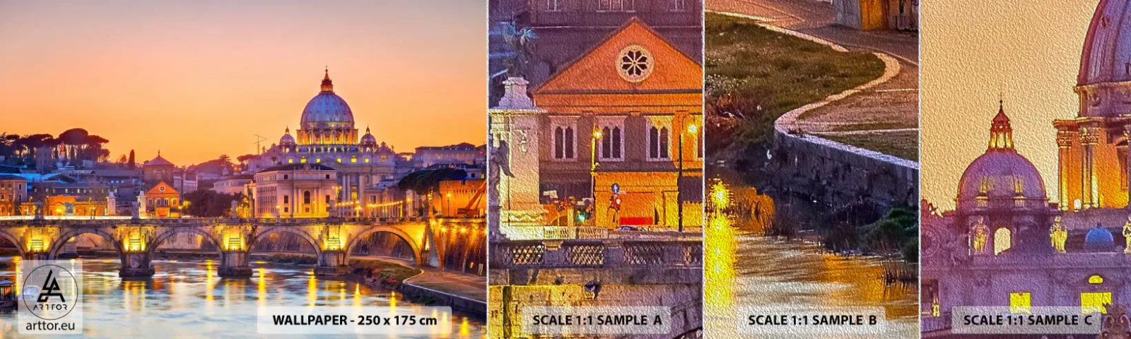 Mostră tapet Premium Sand - Amurg deasupra Orașului Etern - Oraș, Roma, Arhitectură - 100x30 cm