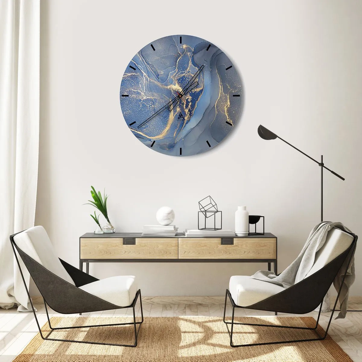 Ceas de perete - Ceas pe sticlă - Frunze aurii pe fundal negru într-o compoziție modernă - 30x30cm - Praf de aur - Decorațiune modernă pentru perete pentru living, bucătărie și dormitor ARTTOR