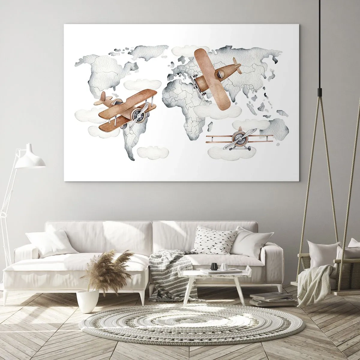Tablou pe sticlă - Hartă retro a lumii cu avioane pentru copii - 70x50cm - În spirit de pionierat - Decorațiune modernă pentru perete pentru living și dormitor ARTTOR