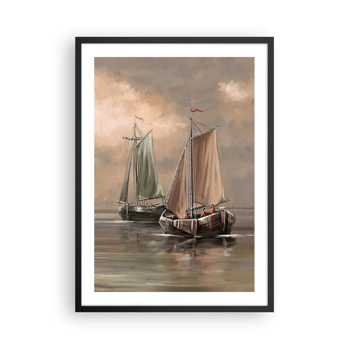 Poster în ramă neagră - Bărci cu pânze pe o mare calmă în culori pastelate - 50x70cm - Întoarcerea marinarilor - Decorațiune modernă pentru perete pentru living și dormitor ARTTOR