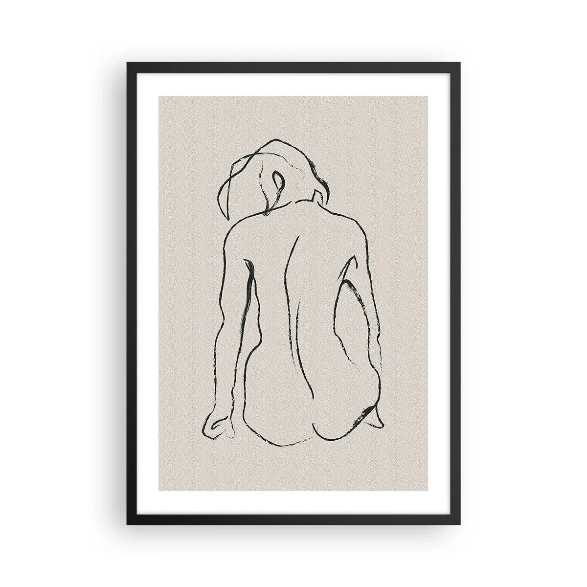 Poster în ramă neagră - O schiță minimalistă a unei femei goale așezate pe spate. - 50x70cm - Nud de fată - Decorațiune modernă pentru perete pentru living și dormitor ARTTOR