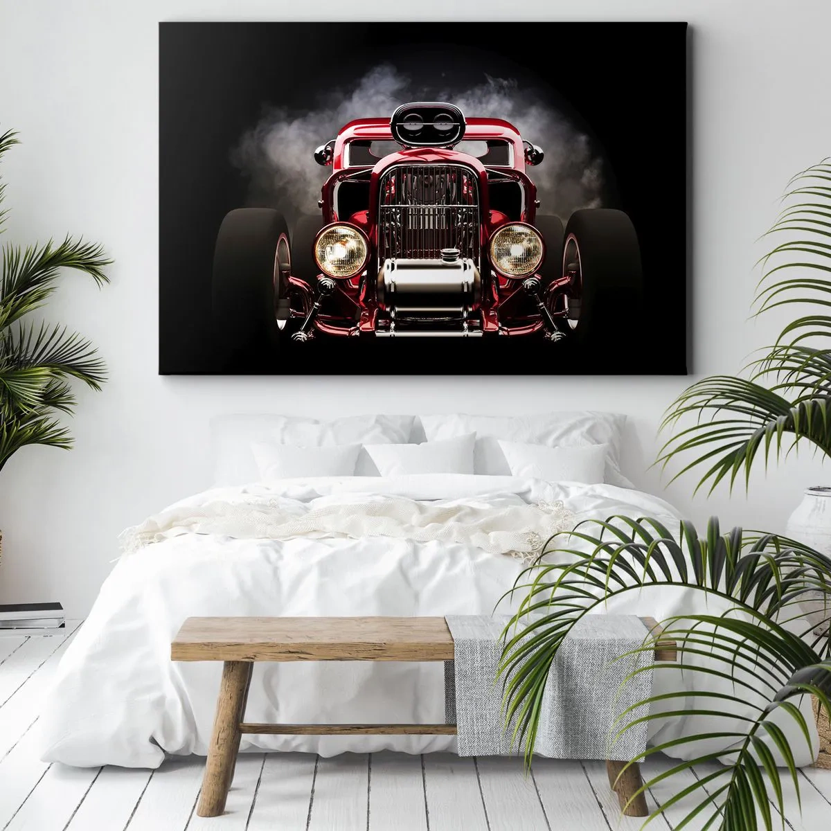 Tablou pe pânză Canvas - Mașină de curse clasică roșie pe un fundal întunecat - 70x50cm - Rapid și furios de frumos - Decorațiune modernă pentru perete pentru living și dormitor ARTTOR