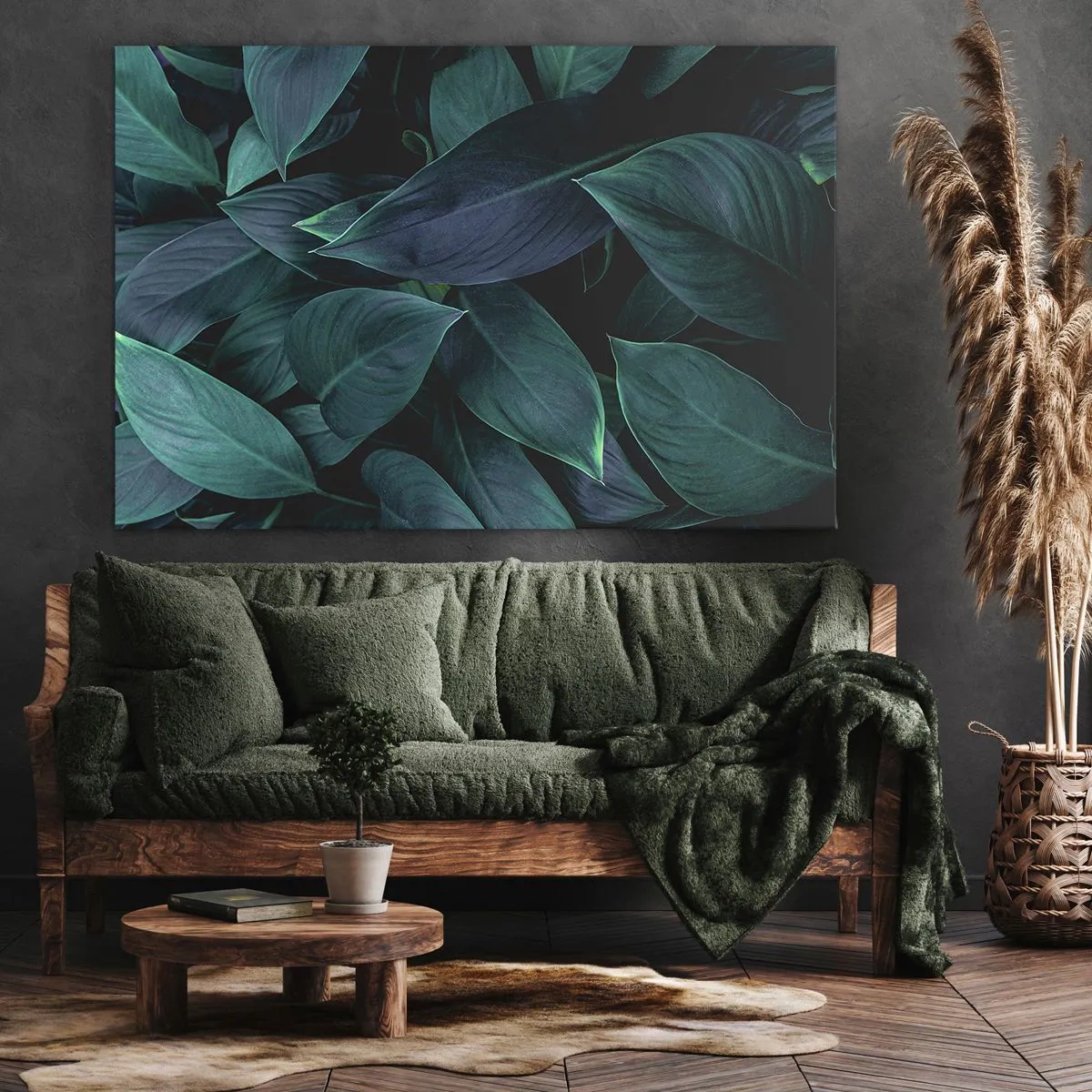 Tablou pe pânză Canvas - Prim-plan cu frunze verzi pe fundal întunecat - 70x50cm - Verdeața în sine - Decorațiune modernă pentru perete pentru living și dormitor ARTTOR