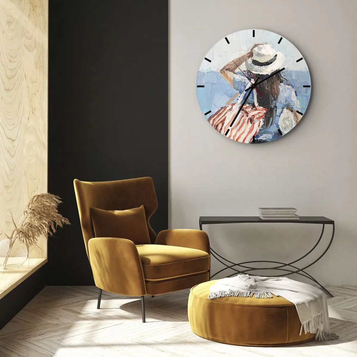 Ceas de perete - Ceas pe sticlă - Un tablou de vară cu o femeie cu pălărie pe fundalul mării - 30x30cm - Bine ați venit în concediu - Decorațiune modernă pentru perete pentru living, bucătărie și dormitor ARTTOR