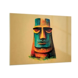 Tablou pe sticlă - Un portret colorat inspirat de o statuie de piatră pe un fundal bej. - 70x50cm - Statuie, dar simpatică - Decorațiune modernă pentru perete pentru living și dormitor ARTTOR