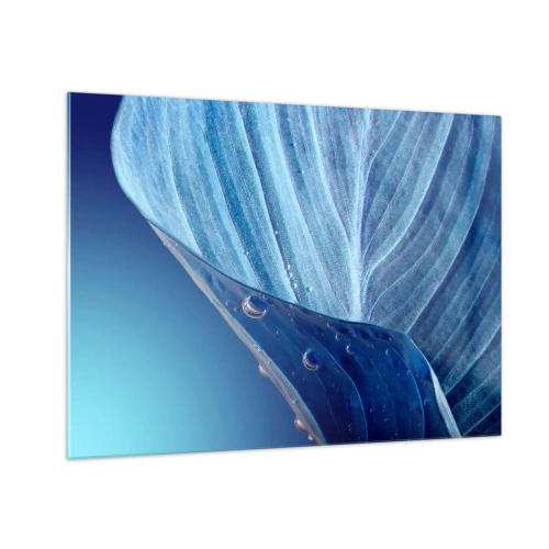 Tablou pe sticlă - O frunză în nuanțe de albastru cu picături de apă pe un fundal gradient. - 70x50cm - Picături ascunse de albastru - Decorațiune modernă pentru perete pentru living și dormitor ARTTOR