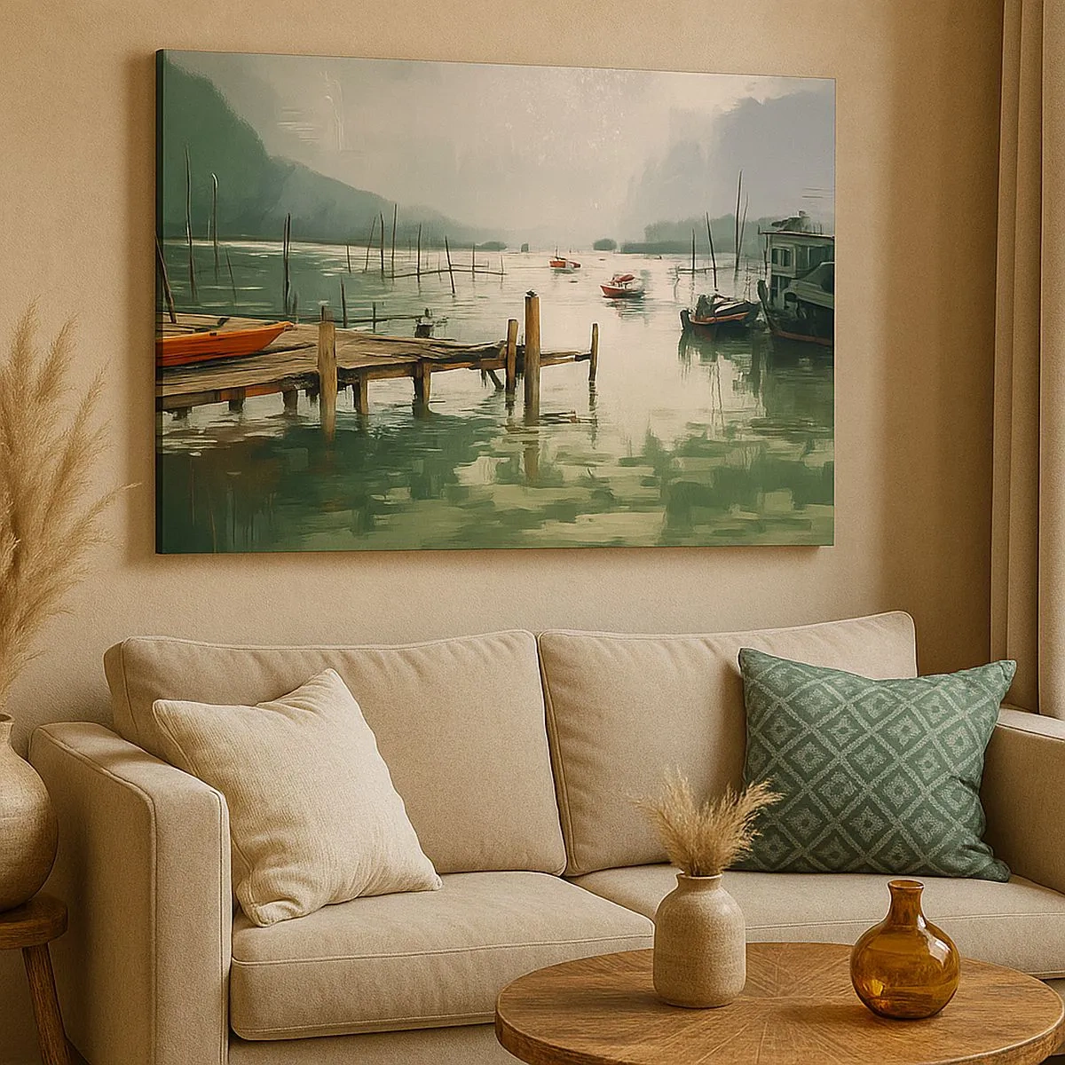 Tablou pe pânză Canvas - Un port pitoresc cu bărci pe ape calme - 70x50cm - Scufundat în luna topită - Decorațiune modernă pentru perete pentru living și dormitor ARTTOR