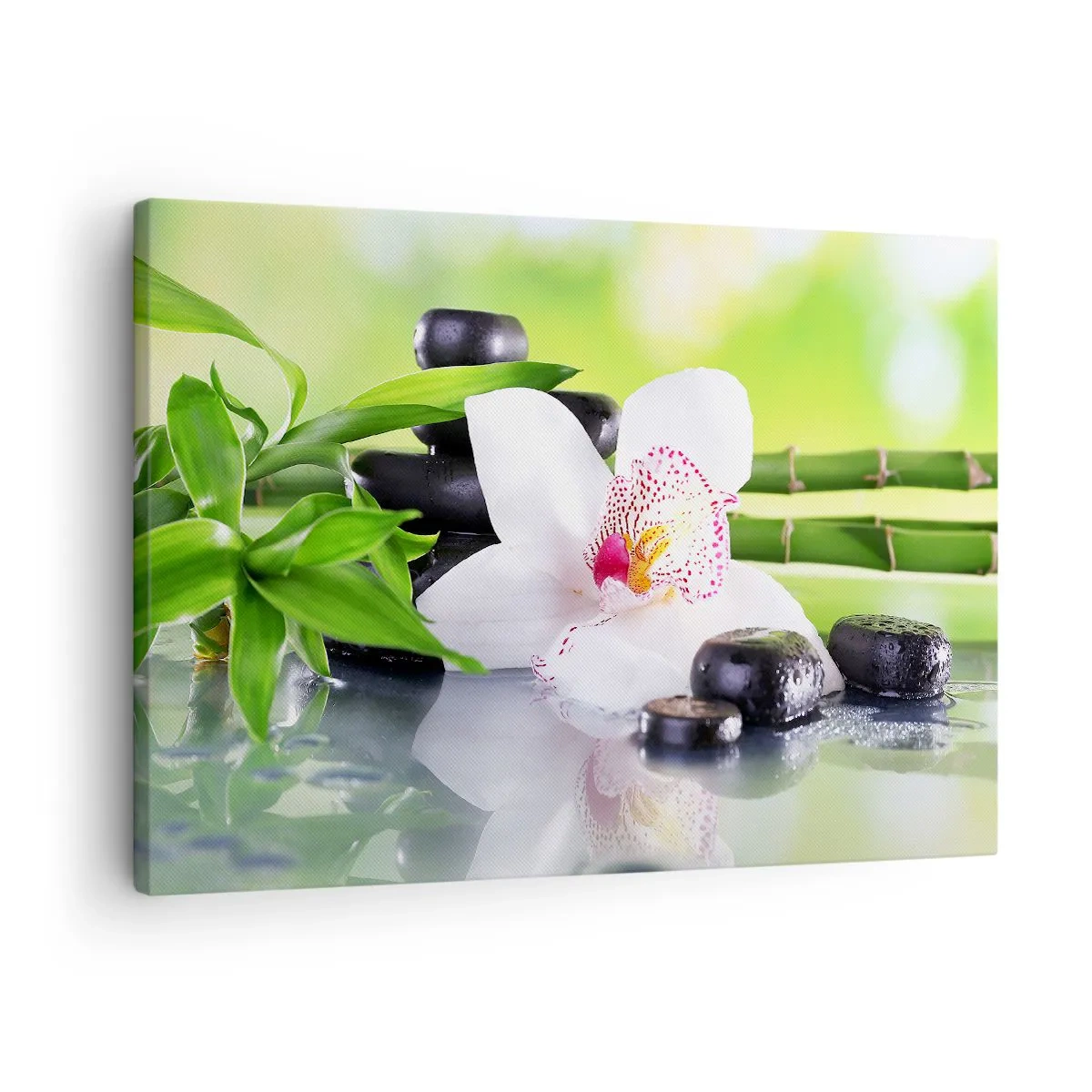 Tablou pe pânză Canvas - Orhidee, pietre și bambus într-o compoziție spa armonioasă - 70x50cm - Prospețime răcoroasă - Decorațiune modernă pentru perete pentru living și dormitor ARTTOR