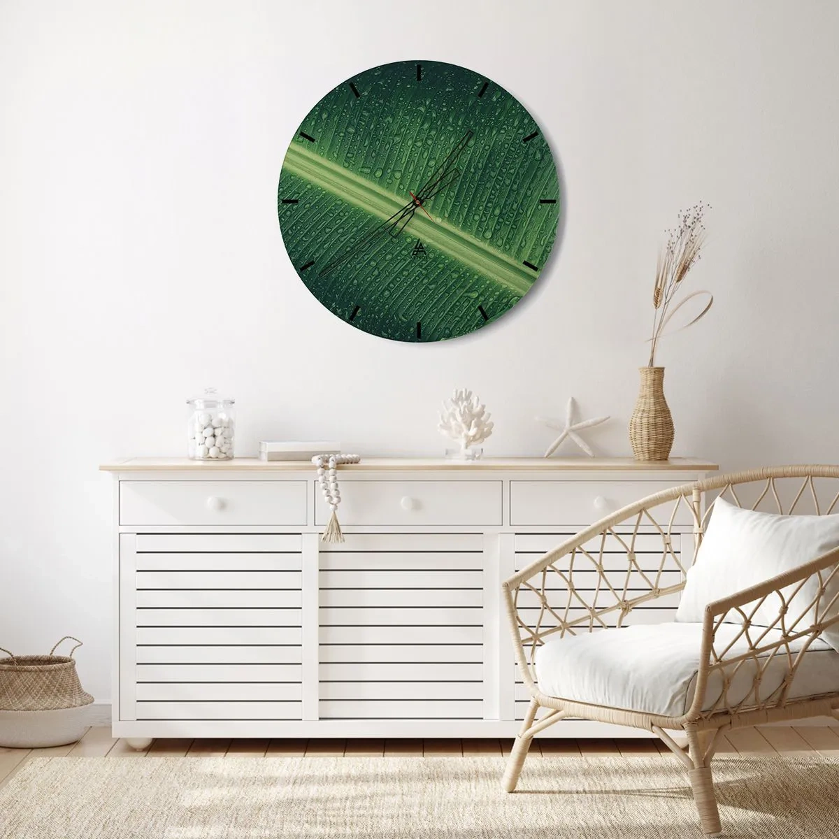 Ceas de perete - Ceas pe sticlă - Prim-plan al unei frunze cu picături de rouă - 30x30cm - Structura verdelui - Decorațiune modernă pentru perete pentru living, bucătărie și dormitor ARTTOR