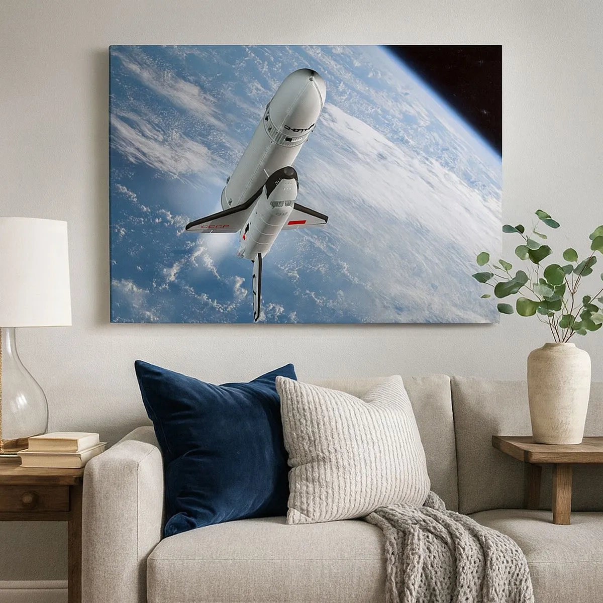 Tablou pe pânză Canvas - O rachetă spațială se ridică pe fundalul Pământului - 70x50cm - Ascensiunea cosmică - Decorațiune modernă pentru perete pentru living și dormitor ARTTOR