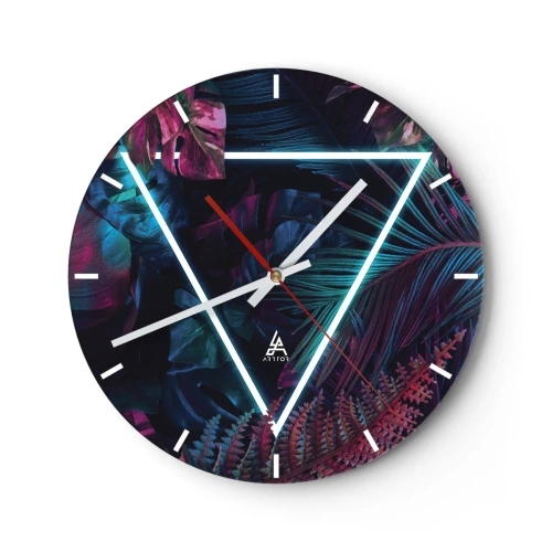 Ceas de perete - Ceas pe sticlă - Frunze tropicale și ferigi cu triunghi neon - 30x30cm - Grădină în stil disco - Decorațiune modernă pentru perete pentru living, bucătărie și dormitor ARTTOR
