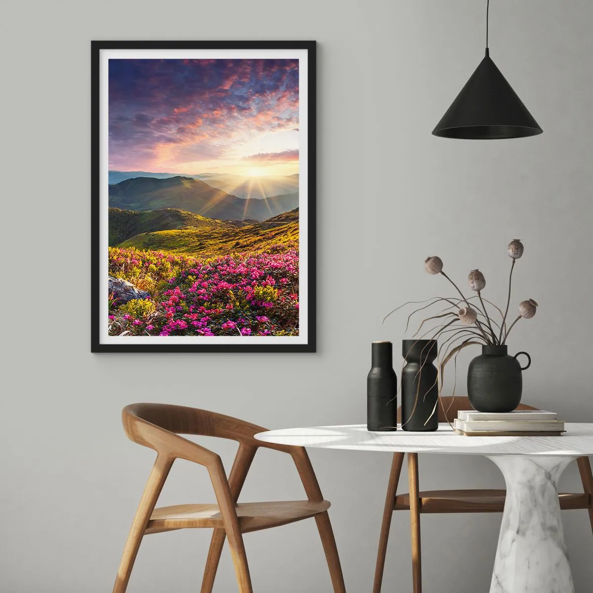 Poster în ramă neagră - Prospețimea unei dimineți de munte - 40x50 cm