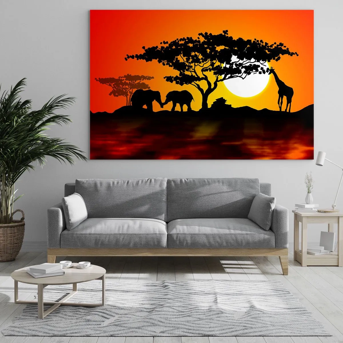 Tablou pe sticlă - Peisaj african cu copaci și animale la apus - 70x50cm - Întâlnire în savană - Decorațiune modernă pentru perete pentru living și dormitor ARTTOR