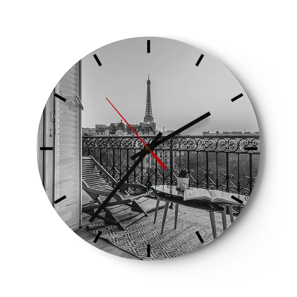 Ceas de perete - Ceas pe sticlă - Vedere de la balconul Turnului Eiffel în alb și negru - 30x30cm - După-amiază pariziană - Decorațiune modernă pentru perete pentru living, bucătărie și dormitor ARTTOR