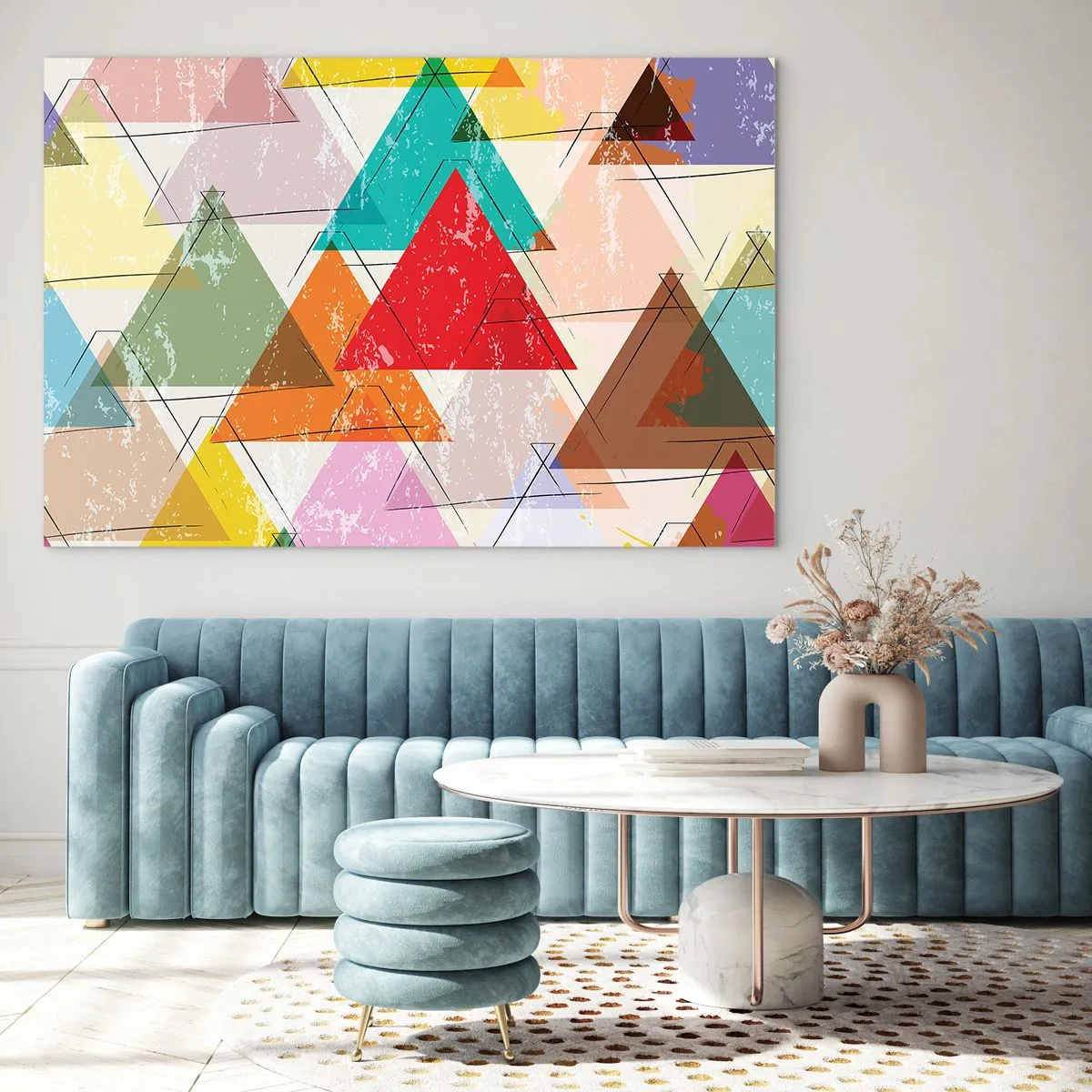 Tablou pe sticlă - Model abstract de triunghiuri în diferite culori - 70x50cm - Trei câte trei - Decorațiune modernă pentru perete pentru living și dormitor ARTTOR
