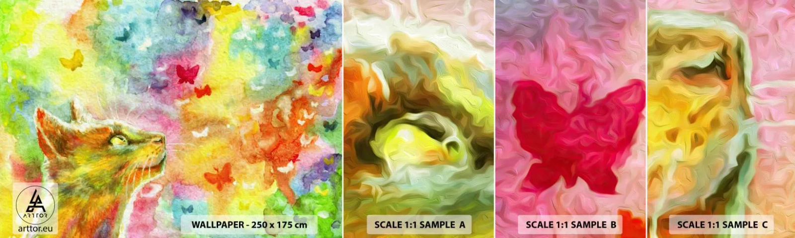 Mostră tapet autocolant Deluxe Sticker - Raiul pisicilor - Animale, Pisică, Fluture - 100x30 cm