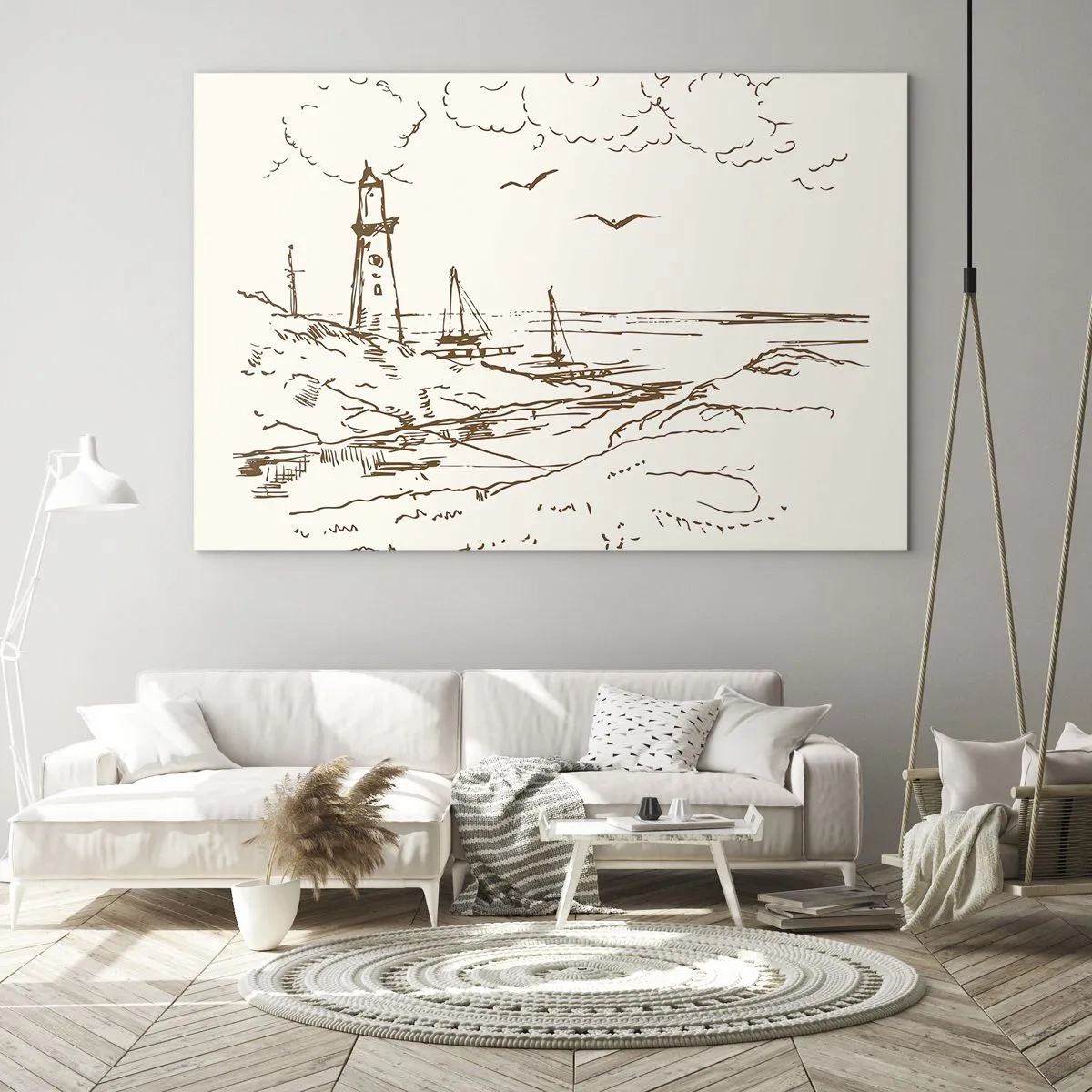 Tablou pe sticlă - Schiță a unui far într-un peisaj de pe litoral - 70x50cm - Schiță de amintiri de vară - Decorațiune modernă pentru perete pentru living și dormitor ARTTOR