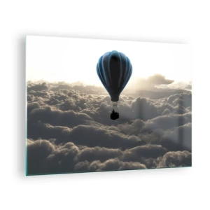 Tablou pe sticlă - Un balon plutind deasupra norilor la răsăritul soarelui - 70x50cm - Rătăcitor deasupra norilor - Decorațiune modernă pentru perete pentru living și dormitor ARTTOR