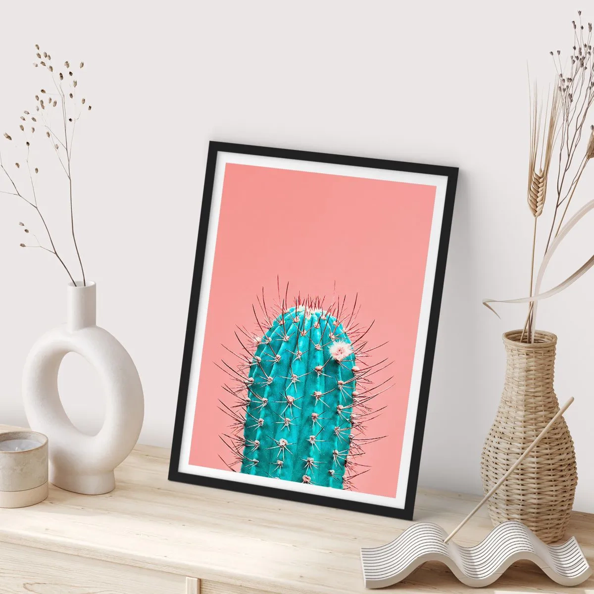 Poster în ramă neagră - Cactus turcoaz pe fundal roz - 50x70cm - Doar privește - Decorațiune modernă pentru perete pentru living și dormitor ARTTOR