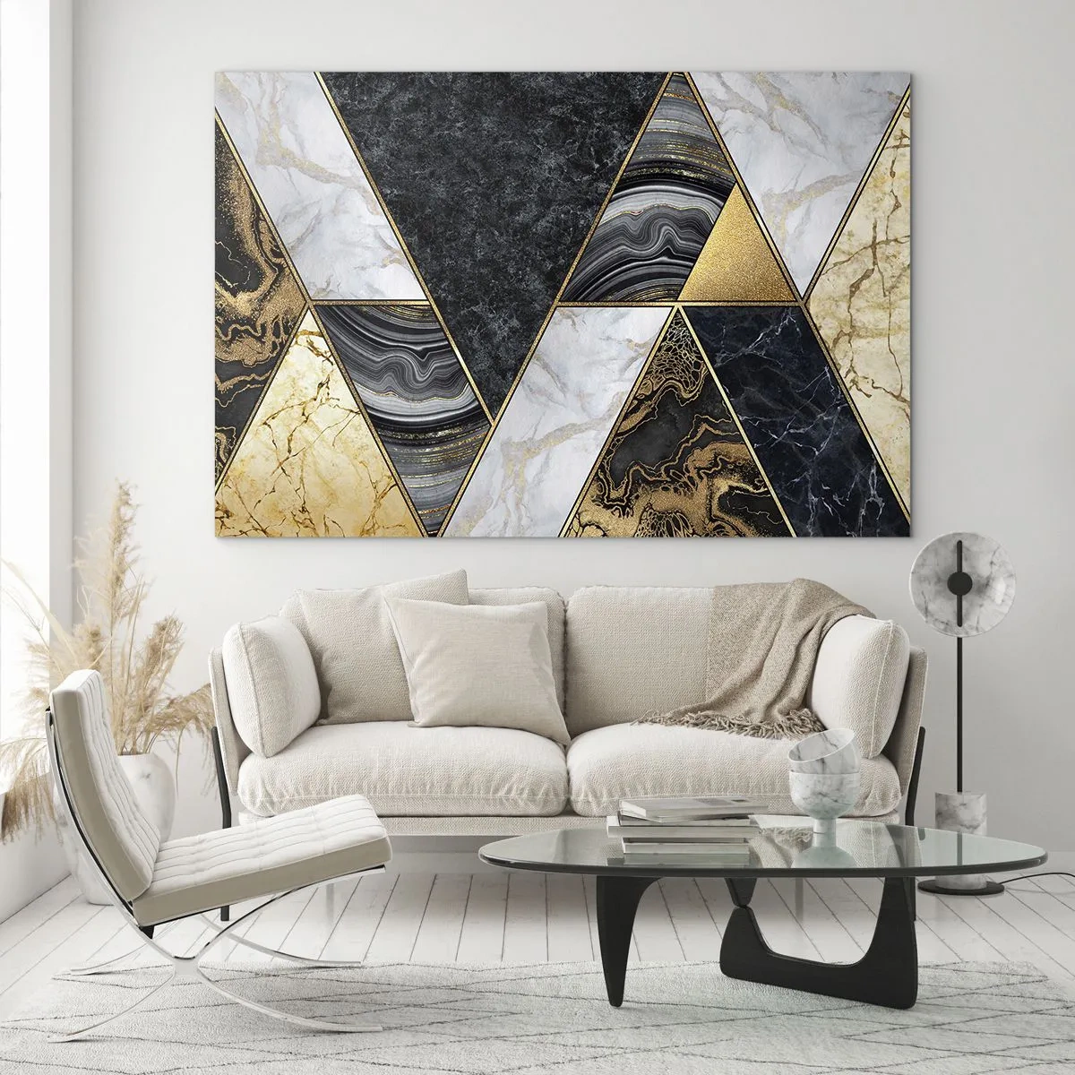 Tablou pe sticlă - Model geometric de triunghiuri de marmură și aur - 70x50cm - Piatră cu piatră - Decorațiune modernă pentru perete pentru living și dormitor ARTTOR