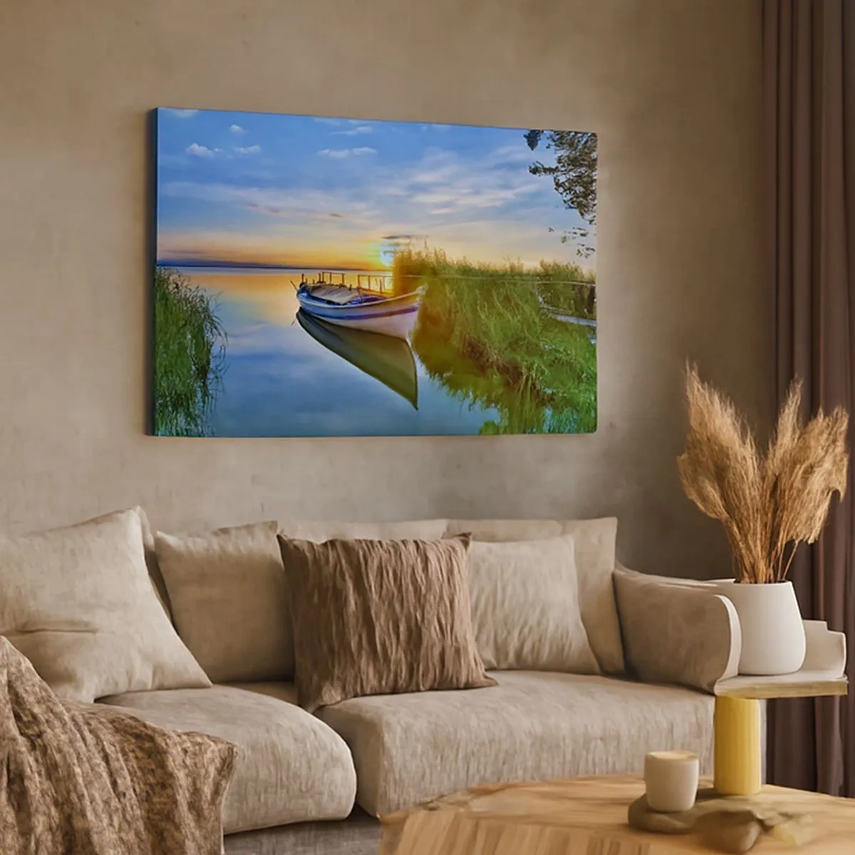 Tablou pe pânză Canvas - O barcă într-un golf liniștit la apus - 70x50cm - Golfulețul viselor împlinite - Decorațiune modernă pentru perete pentru living și dormitor ARTTOR