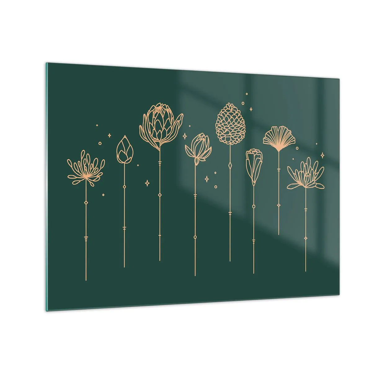 Tablou pe sticlă - Contururi aurii de ierburi și flori pe un fundal verde închis - 70x50cm - Familia IERBEscu - Decorațiune modernă pentru perete pentru living și dormitor ARTTOR