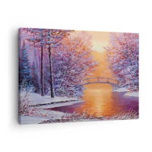 Tablou pe pânză Canvas - Peisaj de iarnă cu un pod și apus de soare - 70x50cm - Hai să ne întâlnim aici - Decorațiune modernă pentru perete pentru living și dormitor ARTTOR