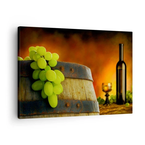 Tablou pe pânză Canvas - Struguri pe un butoi de vin cu o schemă de culori calde în fundal - 70x50cm - Natură moartă cu o sticlă de vin și un ciorchine de struguri - Decorațiune modernă pentru perete pentru living și dormitor ARTTOR