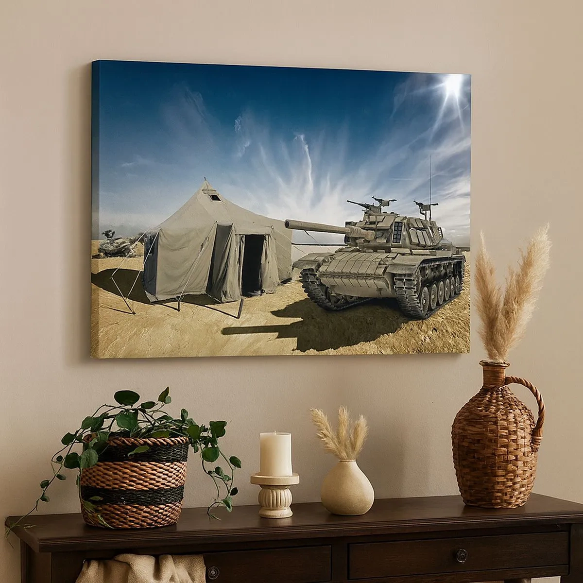 Tablou pe pânză Canvas - Un tanc lângă un cort militar într-o zonă deșertică - 70x50cm - Un vis militar - Decorațiune modernă pentru perete pentru living și dormitor ARTTOR