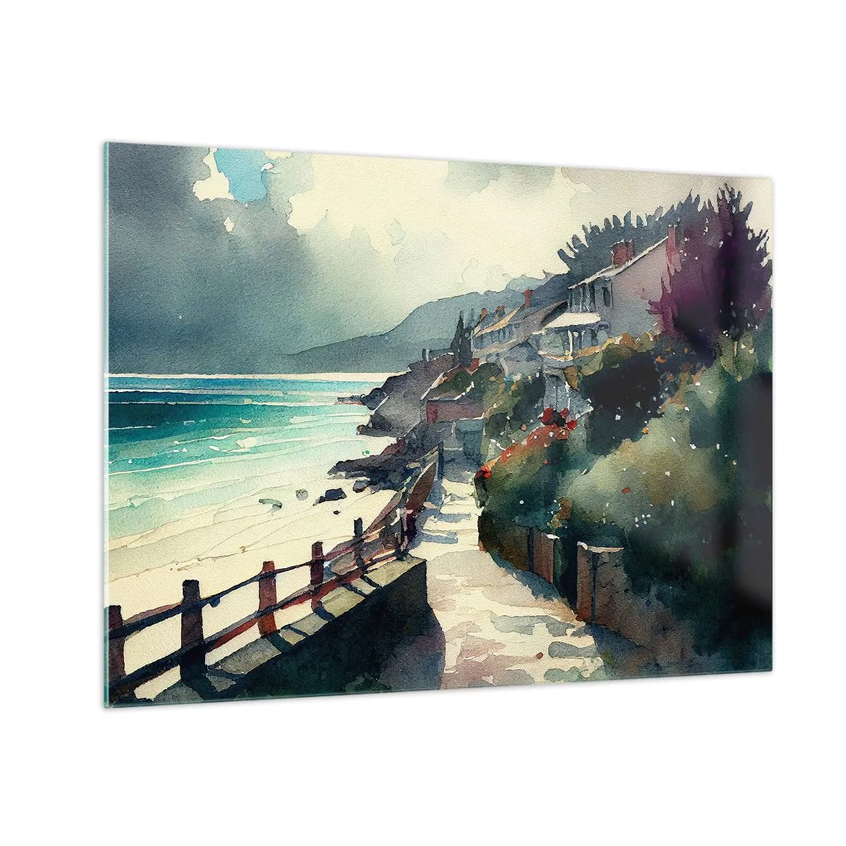 Tablou pe sticlă - O promenadă de pe malul mării cu case colorate și apă - 70x50cm - Orășel mediteraneean - Decorațiune modernă pentru perete pentru living și dormitor ARTTOR