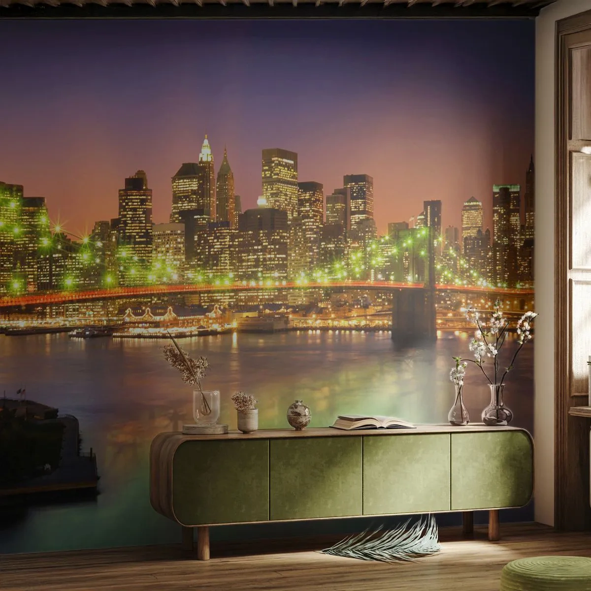 Tapet Standard Eco - Lumina nu se stinge niciodată aici - Oraș, New York, Podul Brooklyn - 400x280 cm