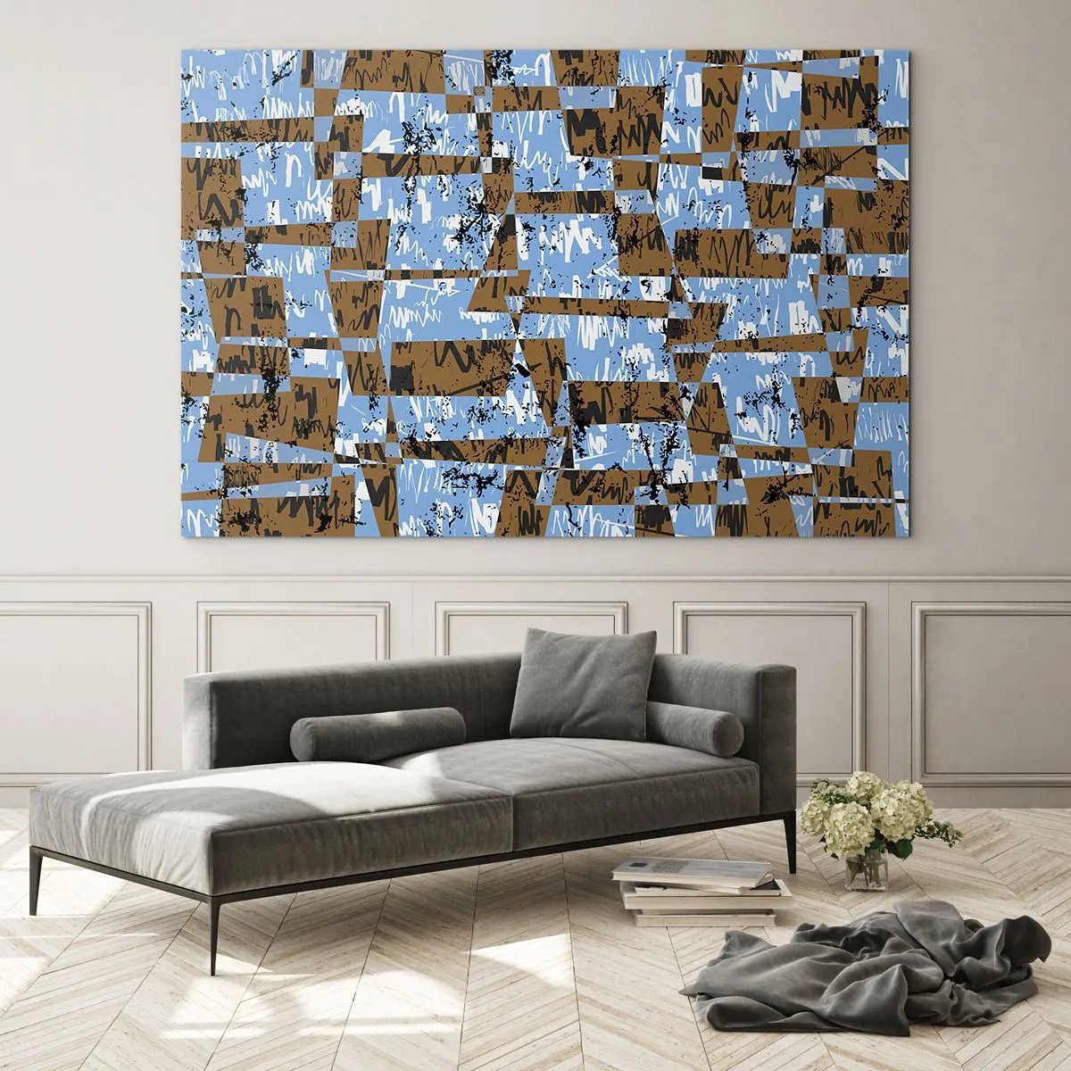 Tablou pe sticlă - Abstracție geometrică cu nuanțe de albastru și maro - 70x50cm - Decupaj aparte - Decorațiune modernă pentru perete pentru living și dormitor ARTTOR