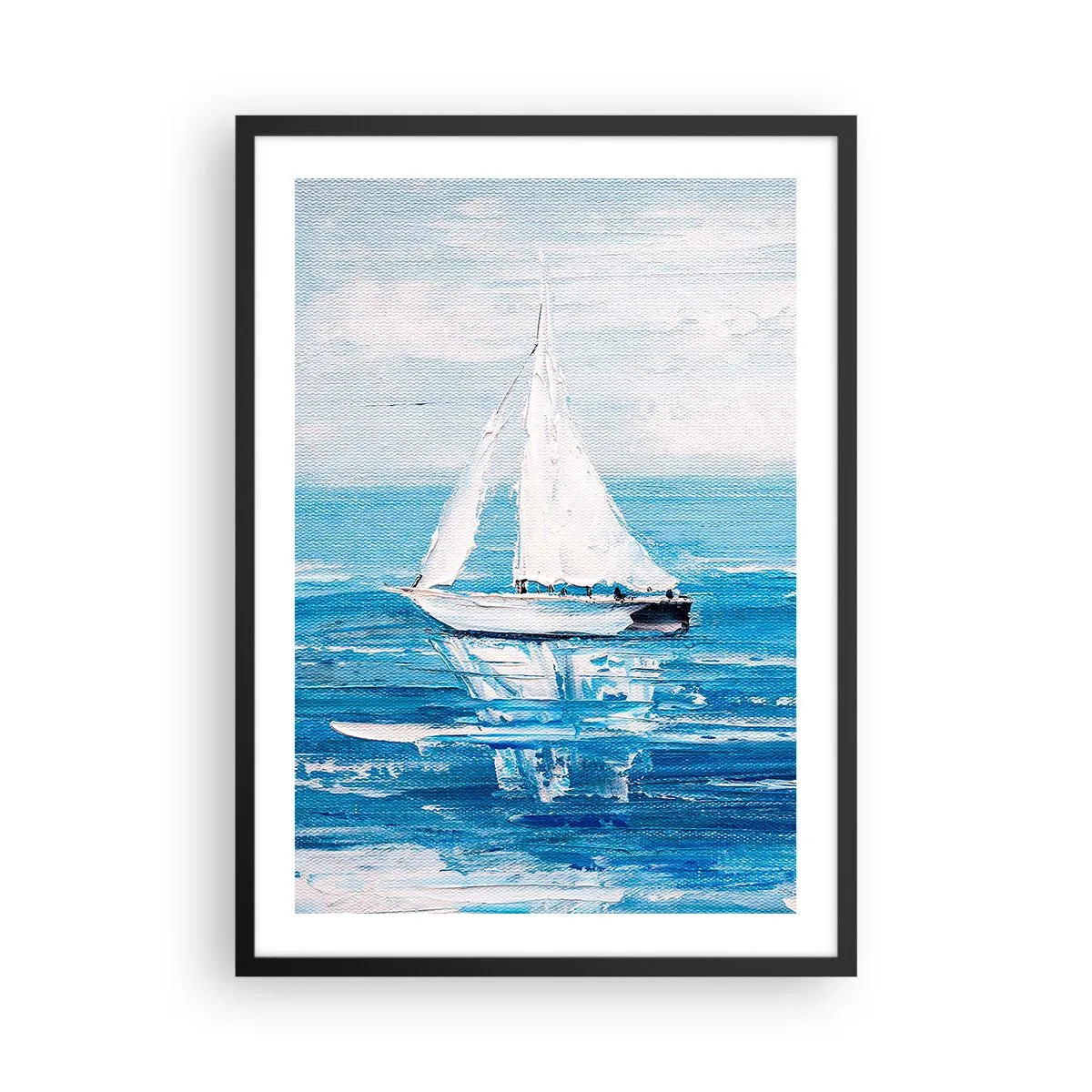 Poster în ramă neagră - Un iaht pe mare în nuanțe de albastru - 50x70cm - Cu un prieten alături de tine - Decorațiune modernă pentru perete pentru living și dormitor ARTTOR