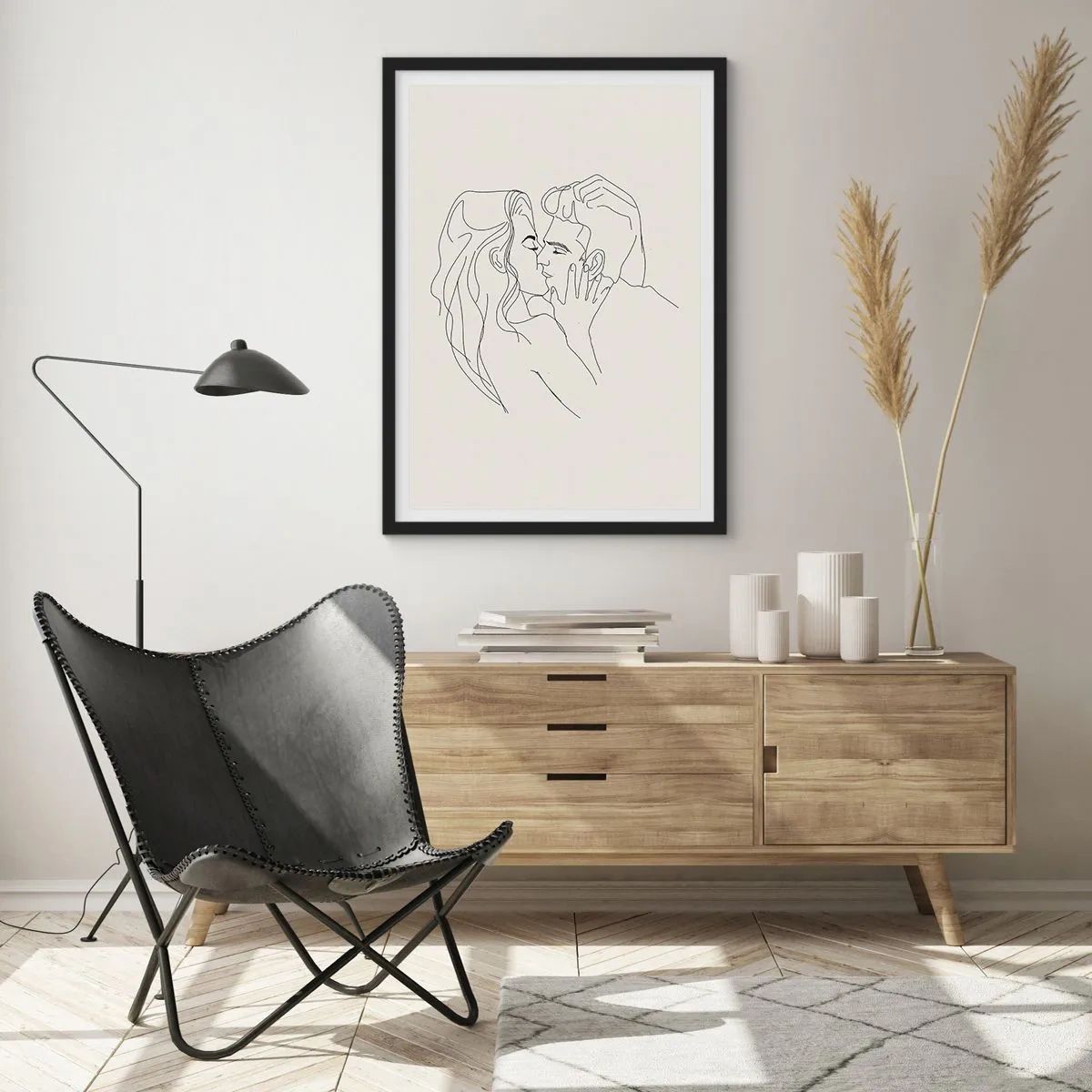 Poster în ramă neagră - Un desen minimalist al unui cuplu îndrăgostit, în linii delicate. - 50x70cm - Încurcați în sentimente - Decorațiune modernă pentru perete pentru living și dormitor ARTTOR
