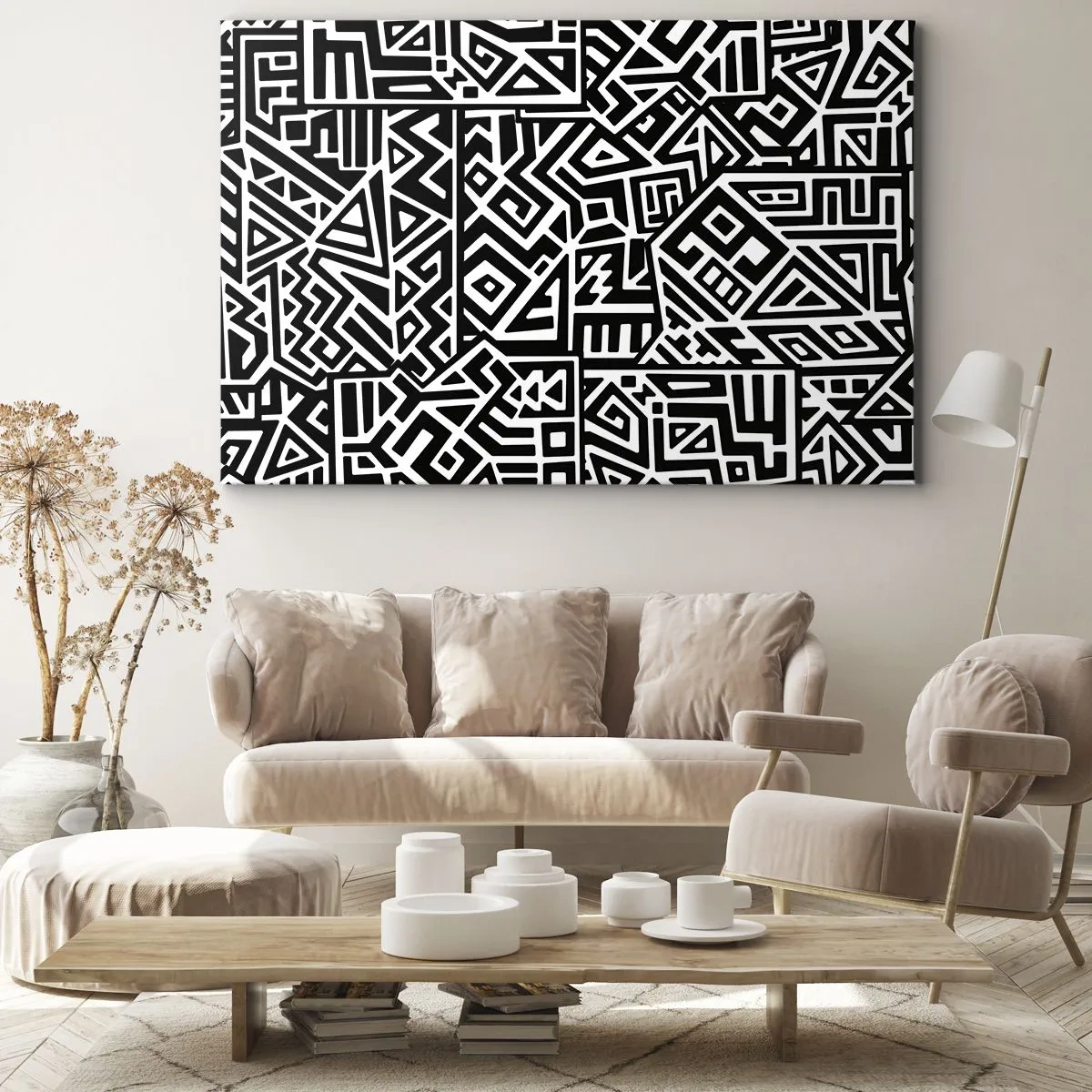 Tablou pe pânză Canvas - Modele geometrice alb-negru inspirate din cultura precolumbiană - 70x50cm - Compoziție precolumbiană - Decorațiune modernă pentru perete pentru living și dormitor ARTTOR