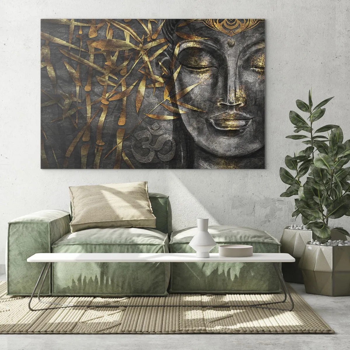 Tablou pe sticlă - Imagine de Buddha de aur pe un fundal de bambus - 70x50cm - Simțiți pacea - Decorațiune modernă pentru perete pentru living și dormitor ARTTOR