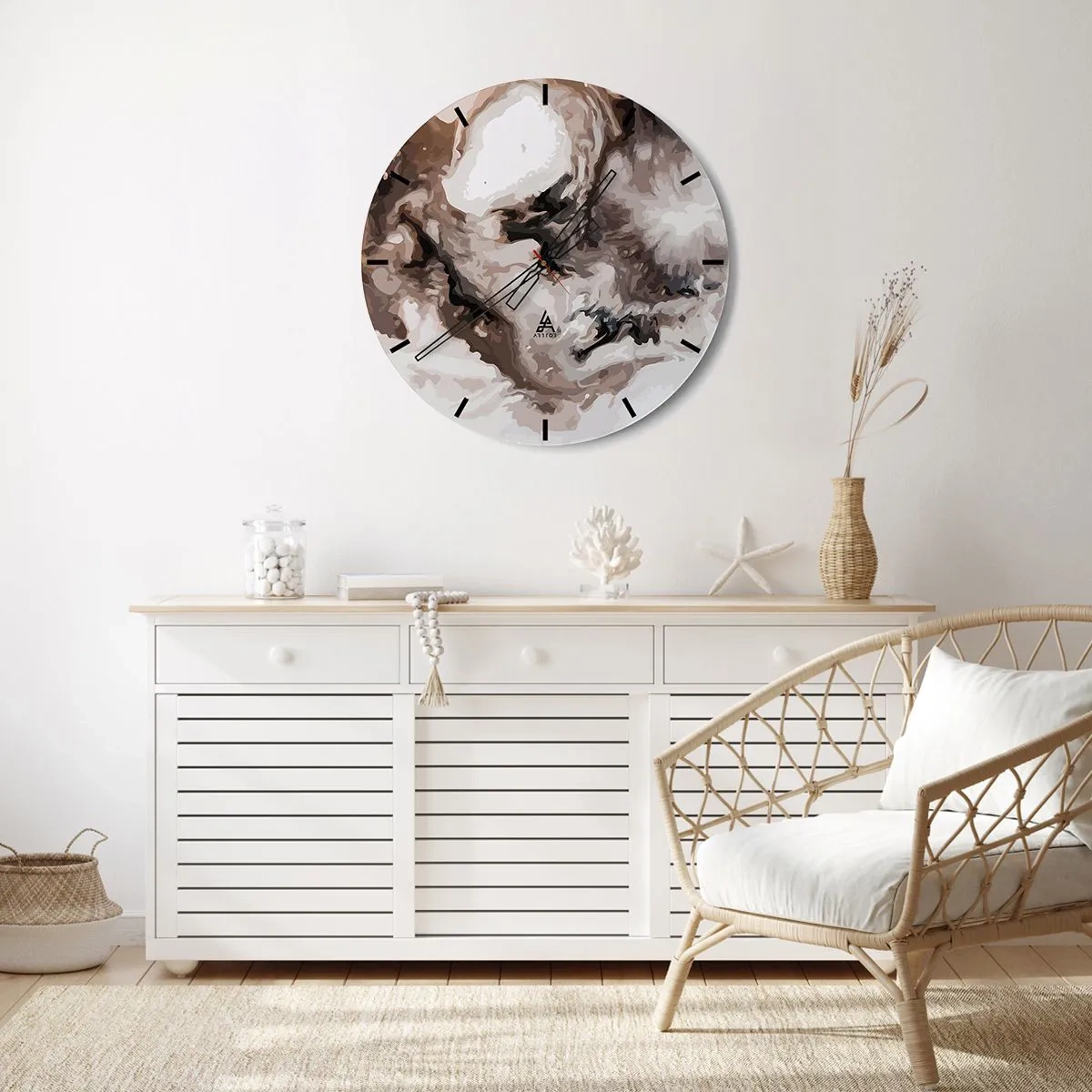 Ceas de perete - Ceas pe sticlă - Model abstract în nuanțe de maro, alb și gri - 30x30cm - Nașterea unei galaxii - Decorațiune modernă pentru perete pentru living, bucătărie și dormitor ARTTOR
