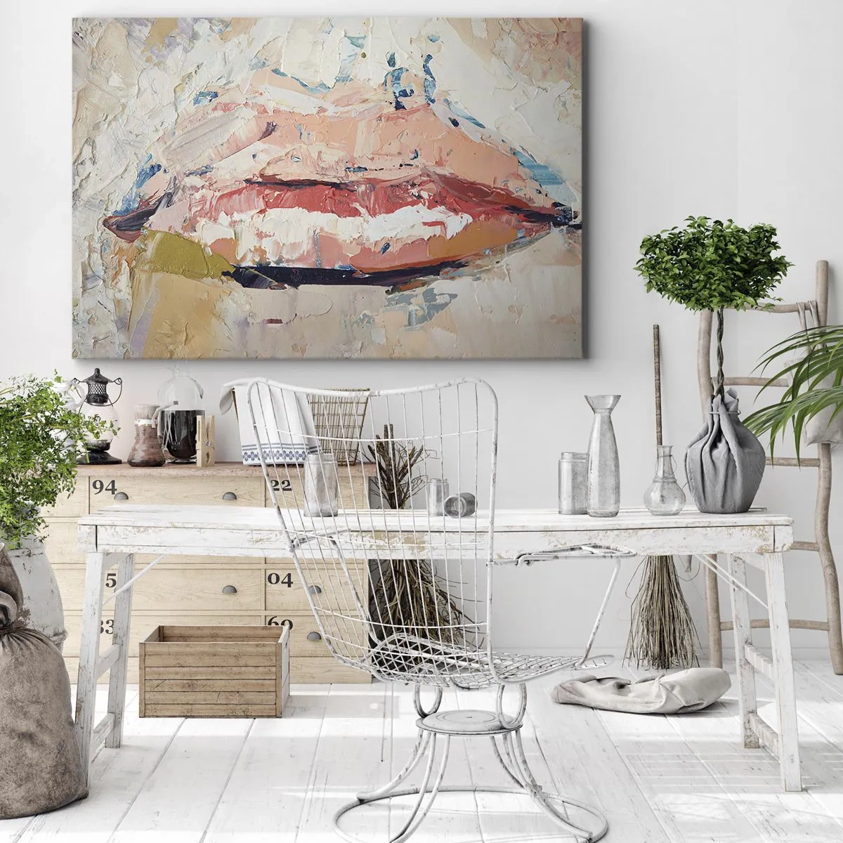 Tablou pe pânză Canvas - O compoziție abstractă care înfățișează buzele unei femei în culori pastelate. - 70x50cm - Trezește simțurile - Decorațiune modernă pentru perete pentru living și dormitor ARTTOR