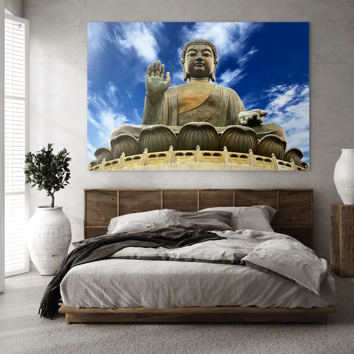 Tablou pe sticlă - O statuie mare a lui Buddha pe un cer albastru - 70x50cm - Trăiește fără teamă - Decorațiune modernă pentru perete pentru living și dormitor ARTTOR