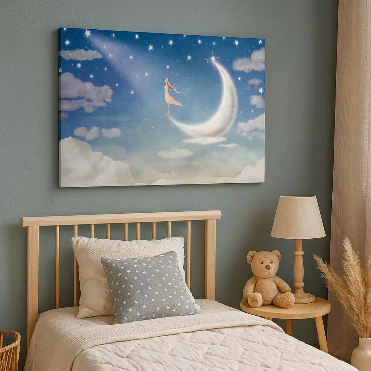 Tablou pe pânză Canvas - O femeie pe lună înconjurată de stele și nori - 70x50cm - Provocatoare în albastru - Decorațiune modernă pentru perete pentru living și dormitor ARTTOR