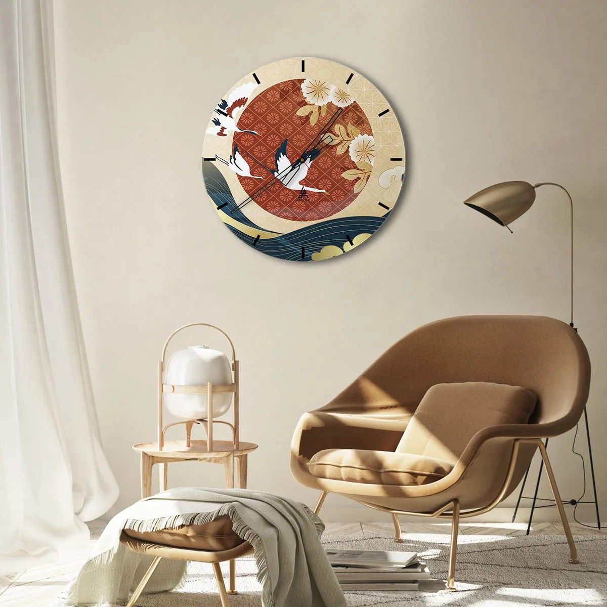 Ceas de perete - Ceas pe sticlă - Macarale japoneze pe fundalul unui cerc roșu și al unor valuri stilizate. - 30x30cm - O fabulă japoneză - Decorațiune modernă pentru perete pentru living, bucătărie și dormitor ARTTOR