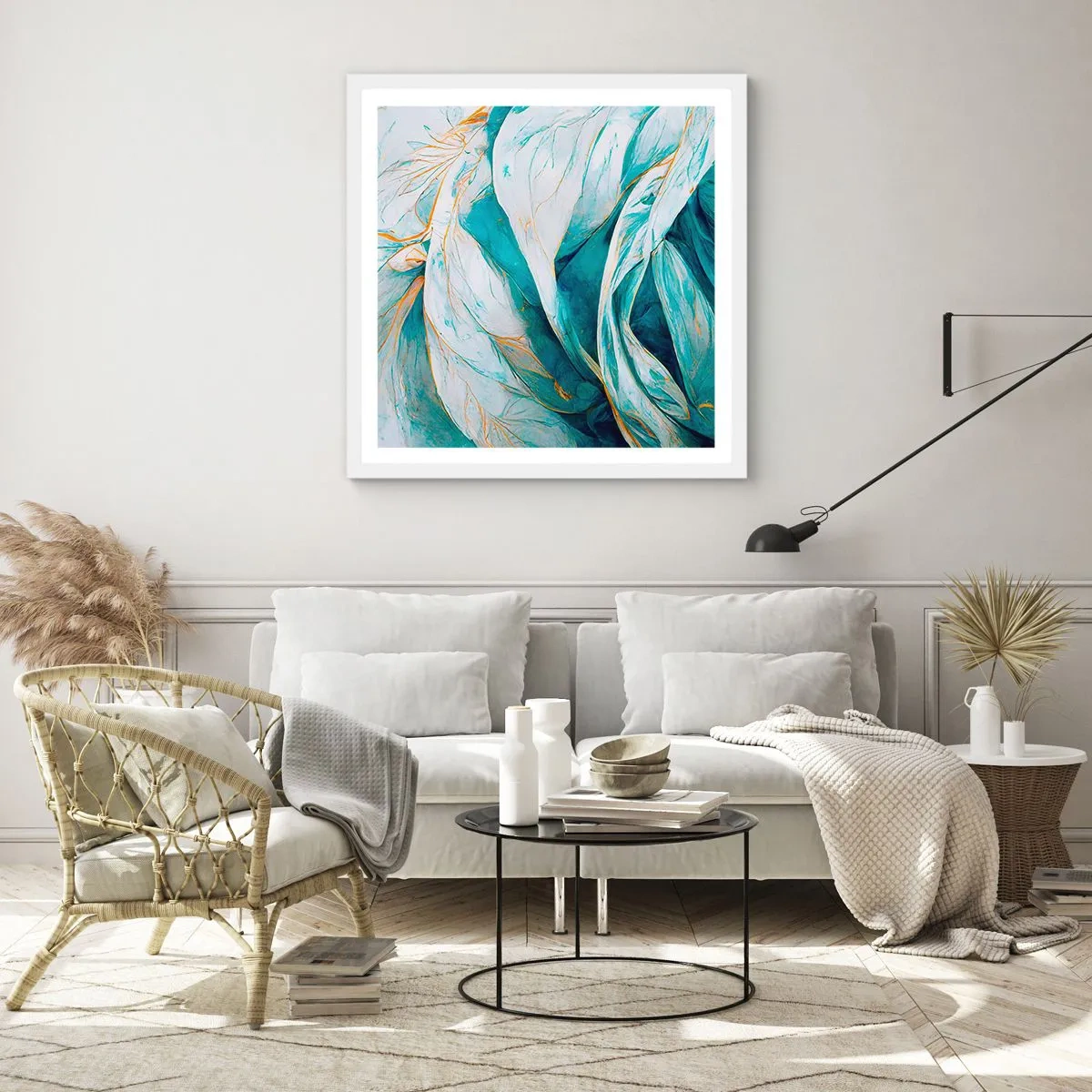 Poster în ramă albă - Abstractul albastru cu motiv auriu - 40x40 cm