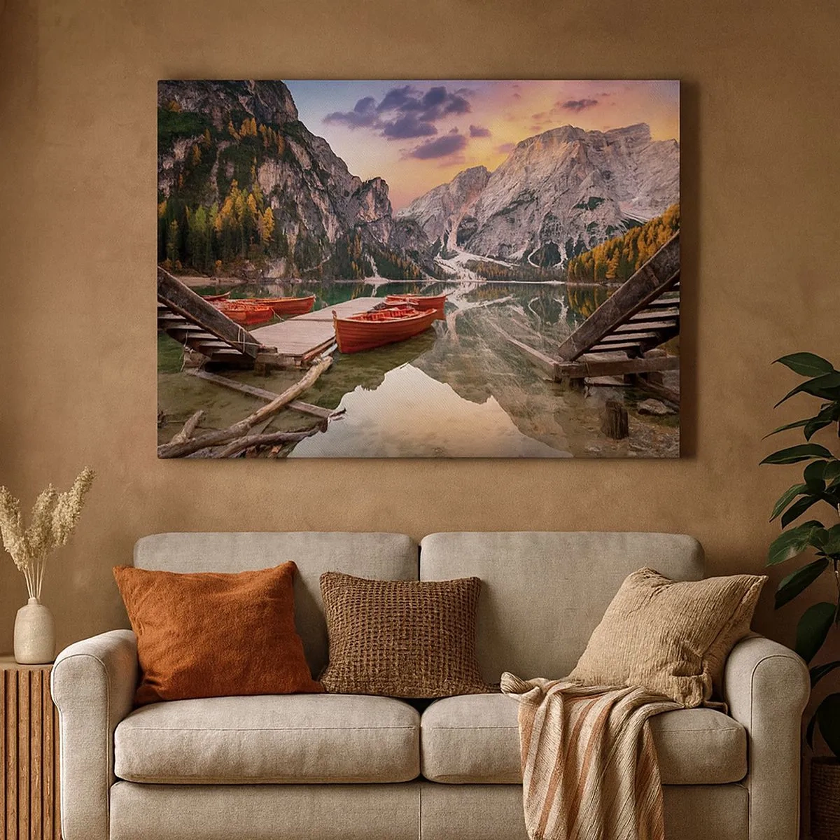 Tablou pe pânză Canvas - Lac de munte cu bărci la apus - 70x50cm - Promisiunea zilei - Decorațiune modernă pentru perete pentru living și dormitor ARTTOR