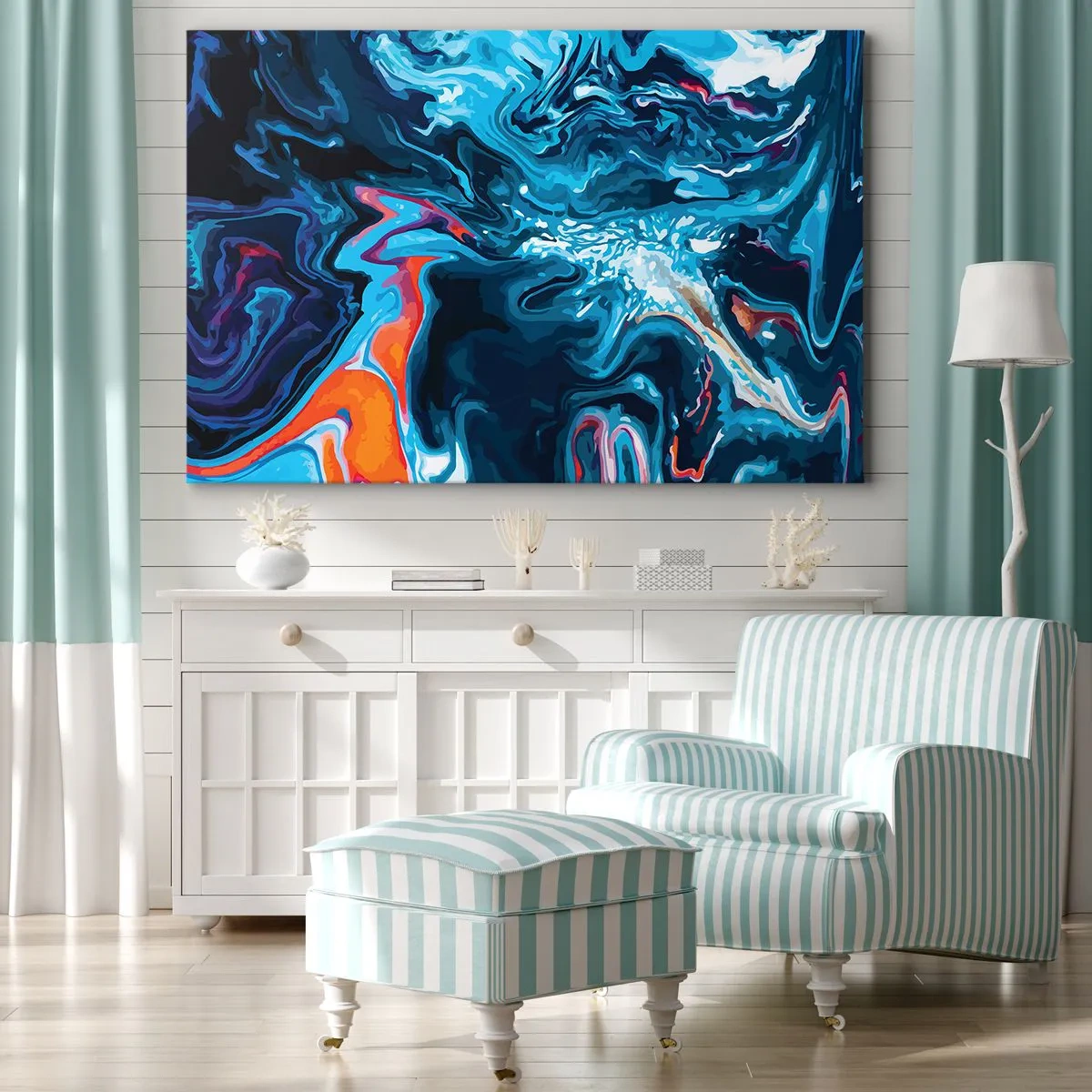 Tablou pe pânză Canvas - Un model abstract în nuanțe de albastru cu accente portocalii. - 70x50cm - Călătorie spre centrul cerului - Decorațiune modernă pentru perete pentru living și dormitor ARTTOR