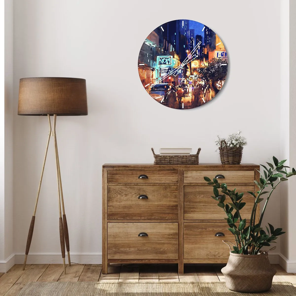 Ceas de perete - Ceas pe sticlă - Stradă de noapte în stil de artă urbană - 30x30cm - Iar orașul nu doarme - Decorațiune modernă pentru perete pentru living, bucătărie și dormitor ARTTOR